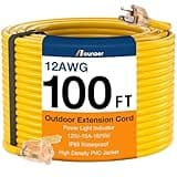 BBOUNDER Outdoor Extension Cord 100 FT Waterproof, 12/3 SJTW Heavy Duty 15A 1875W, Flexible 100% Copper 3 Prong Cords for Commercial Use and High Power Appliance, Yellow