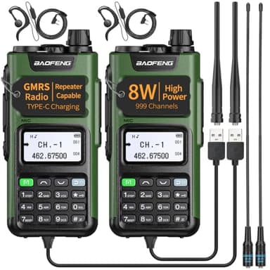 BAOFENG GMRS Radio Handheld Long Range GM-15 Pro 8W Walkie Talkie with Earpiece NOAA Weather Receiver Rechargeable GMRS Repeater Two Way Radio with USB-C Charger for Hunting Survival Gear,2Pack