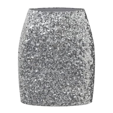 OThread & Co. Women's Sparkly Sequin Skirt Stretchy Bodycon Night Out Party Skirt (Large, Silver)