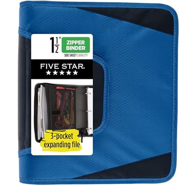 Five Star Zipper Binder, 1-1/2 Inch 3-Ring Binder with Round Rings, 3-Pocket Expanding File, 500 Sheet Capacity, Blue (72202)