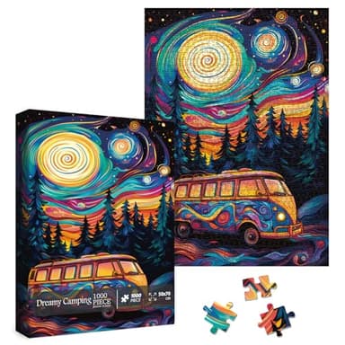 Camping Trippy Mystery Jigsaw Puzzle 1000 Piece for Adult, Magic Art Forest Scenery Painting Jigsaw Puzzles, Funny Pretty Aesthetic Landscape Puzzle