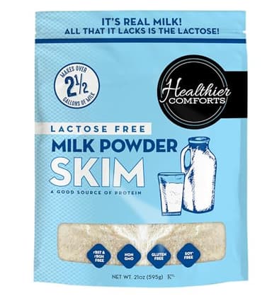 Healthier Comforts Lactose Free Skim Milk Powder | High Protein, Fat Free, Non-GMO, rBST Hormone Free, Kosher, Gluten Free, No Fillers | Baking, Coffee Creamer, Shakes| Makes 14 cups (21 oz)