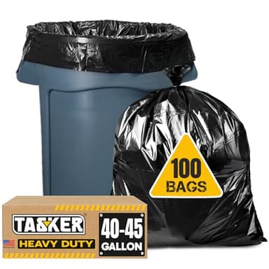 Tasker 44-45 Gallon Trash Bags Heavy Duty, (Value 100 Bags w/Ties) Extra Large Black Trash Bags - 39 Gallon - 40 Gallon - 42 Gallon - 45 Gallon - Large Black Garbage Bags Heavy Duty