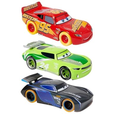 Disney Store Official Cars Light-Up Pullback Die Cast Set - Featuring Lightning McQueen, Jackson Storm, Chase Racelott - Neon Lights Set with Light-Up Pull-N-Race Diecast Cars