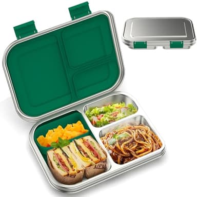 BOSEDSANG Stainless Steel Kids Leak-Resistant Bento Lunch Box, 3-Compartments with Silicone Container, Dishwasher-Safe, Child-Friendly Design for School, Picnics & Travel,BPA-Free (Green)