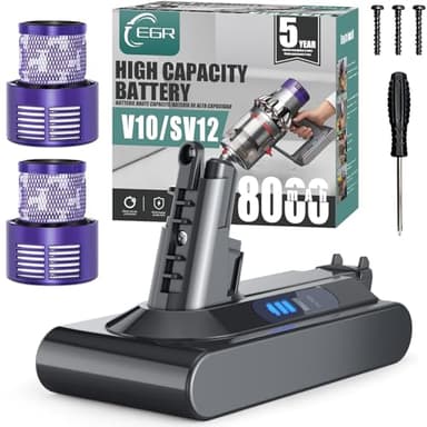 EGR 8000mAh Battery Replacement Compatible with Dyson V10 Animal/Absolute/Fluffy/Motorhead SV12 Cordless Stick Vacuum Cleaner with 2 Filters (Not Fit V8 and SV10).