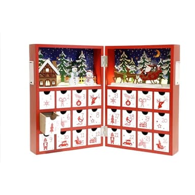 PIONEER-EFFORT Christmas Wooden Advent Calendar Book with LED lighting Red Color Christmas Snowman & Santa Countdown Holiday Gifts with 24 Drawers Adults Kids Home Decoration