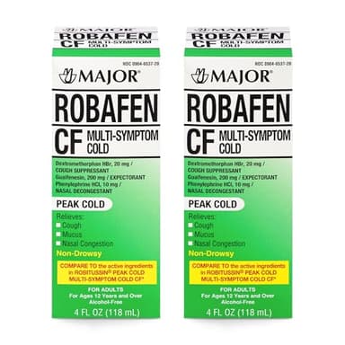 MAJOR Robafen CF Multi-Symptom Peak Cold Cough Syrup for Congestion and Mucus Relief, Alcohol-Free, Non-Drowsy - 4 fl oz (2 Pack)
