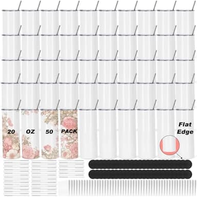 Muwnrol 50 Pack 20 Oz Sublimation Tumblers Bulk, Stainless Steel Double Wall Vacuum Insulation Cup, Sublimation Cups with Straw, Individually Box (Flat Edge)