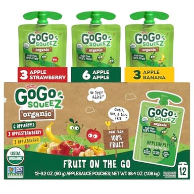 GoGo squeeZ Organic Applesauce and Fruit Puree, Variety Pack, Apple, Strawberry & Banana, 3.2 oz (Pack of 12), Unsweetened Organic Fruit Snacks for Kids, No Gluten, Nut & Dairy, BPA Free Pouches