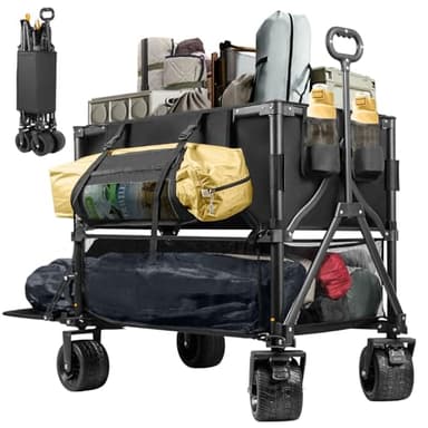 UNITON Double Decker Wagon 600lb Capacity & 400L Collapsible Sports Wagon with Big Wheels 54" Extended Utility Folding Cart for Camping Fishing & Outdoor Use