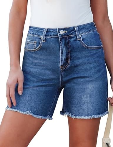 luvamia FleXclusive Jean Shorts for Women Trendy High Waisted Stretchy Denim Summer Casual Raw Hem Mom Long Cutoff Jorts Cutoff Jean Shorts for Women Medium Blue Size Medium Fits US 8-10