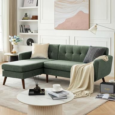 Tbfit L Shaped Couch Sofa, 80" W Mid-Century Modern Sectional Couches, 3 Seater Sofas with Wide Chaise Lounge, Button Tufted Upholstered Sectional Sofa for Living Room, Bedroom, Green