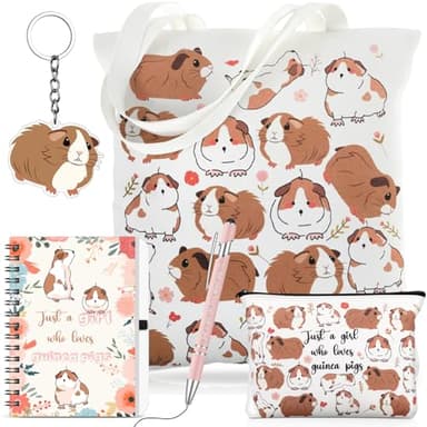 Kinlop 5 Pcs Guinea Pigs Lover Gifts for Women Include Just a Girl Who Loves Guinea Pigs Tote Bag Canvas Cosmetic Bag Coil Notebook Keychain and Ballpoint Pen for Women Girls