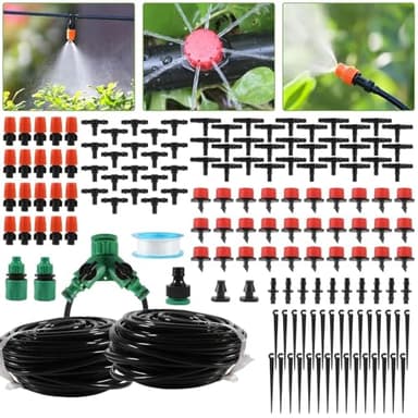 98FT Drip Irrigation System, Micro Garden Drip Irrigation System with 1/4 inch Tubing & Adjustable Misting Nozzle Sprinkler, Automatic Watering System for Greenhouse, Yard, Lawn, Plant