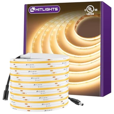 HitLights COB LED Strip Lights Warm White 3000K, 16.4ft Premium High Density 24V Tape Light, 2560 LEDs, 350+ LM/FT, CRI 90+, IP30, Lighting for Kitchen, Cabinets, UL Listed (Power Source Not Included)