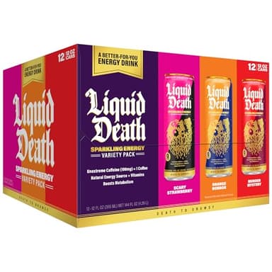 Liquid Death Sparkling Energy Variety Pack, Zero Sugar Energy Drink, Unextreme Caffeine 100mg, Essential Vitamins, 3 Flavors: Strawberry, Orange, and Murder Mystery, 12 Fl Oz (Pack of 12)