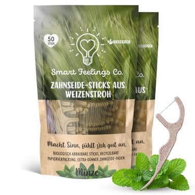 Biodegradable Dental Floss Picks 100 Count 2 Packs | Eco-Friendly Bamboo Like Straw Wheat Sustainable Mint Flavored Flossers for Kids and Adult Teeth Cleaning for the Enviromentally Conscious