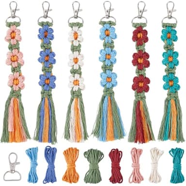 SUNNYCLUE 6 Sets Keychain Making Kits Macrame Keychain Kit Daisy Flower Keychain with Instruction Boho Tassel Keychains Flowers Macrame Kits for Beginners Adults Handbags DIY Hanging Ornament Decor