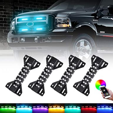 OPP ULITE LED Grille Lights for Trucks - RGB Color - 4 Pods Front Grill Light - Smartphone APP Control/Music/Timing/Flashing Strobe Modes for Ram F150 F250 F350 F450 F550 Tacoma Truck