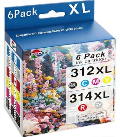Khotoya 312XL 314XL Ink Cartridges (6-Pack) Compatible with for Expression Photo XP-15000 Printer(1Black,1 Cyan,1 Magenta,1 Yellow,1 Red,1 Gray)