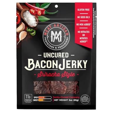 Meat Artisan Sriracha Style Uncured Bacon Jerky - Gluten Free No MSG and No Nitrates - Gourmet Meat Snacks - Candied Bacon Gifts - 3oz (85g)