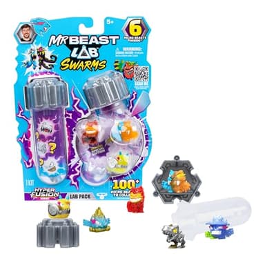 MrBeast Lab Swarms Series 3, Hyper Fusion Series, 6 Pack - Lab Pack Includes 6 Micro Beasts, 6 Collectible Stickers & 2 Stackable Fusion Caps to Build Out Your Own MrBeast Lab