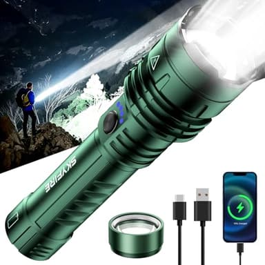 SKYFIRE 1376 LED Flashlights with Ignition Lens, Rechargeable 2000 High Lumens Zoomable Flash Light, 5 Modes Waterproof IPX6 Powerful Tactical Flashlight for Emergency Camping Essentials Home (Green)
