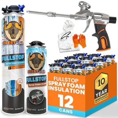 BEEST FullStop Spray Foam Insulation Kit for Walls and Attic - 240 Board ft/sq.ft. Perfect Heat & Acoustic Insulation for Reduced Energy Bills - 12x Spray Foam Can, 1 Cleaner, Pro X Gun & Safety Gear
