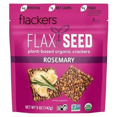 Flackers Organic Rosemary Flaxseed Crackers, 5 Ounce 1-Pack, Gluten Free, Non GMO, Vegan, Keto Snack, 9 Grams Fiber, 1 Net Carb