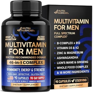 Multivitamin for Men - B-Complex | Whole Foods & Enzymes - Energy, Focus & Brain | Men's Health Complex - 46in1 Mens Multivitamin - Bioavailable & Gentle on Stomach - Made in USA - 90 Capsules, 1/Day