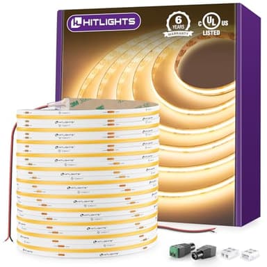 HitLights COB LED Strip Lights Warm White 3000K, 32.8ft Premium High Density 24V Tape Light, 5120 LEDs, 350+ LM/FT, CRI 90+, IP30, Lighting for Kitchen, Cabinets, UL Listed (Power Source Not Included)