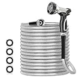SPECILITE 50ft 304 Stainless Steel Garden Hose Metal, Heavy Duty Water Pipe with Nozzles for Yard, Outdoor - Flexible, Never Kink & Tangle, Puncture Resistant (Sliver)