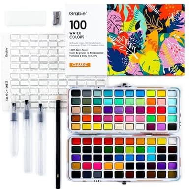 Grabie 100 Colors Watercolor Paint Set - 50 Regular, 35 Metallic, 10 Macaron and 5 Fluorescent Colors - Portable with Carrying Case, Water Brush Pens, and Accessories - For Beginners and Professionals