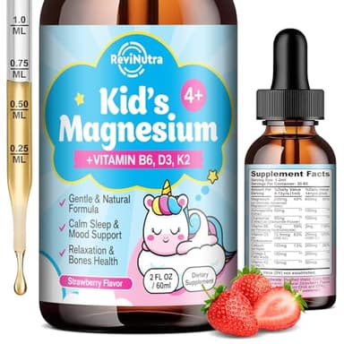 Kids Magnesium Glycinate Liquid Drops with Omega-3, Ashwagandha, Vitamin B6, D3, K2, Calcium & Chamomile - Magnesium Drops for Kids Sleep, Calm, Focus, Brain & Mood - Strawberry Flavor