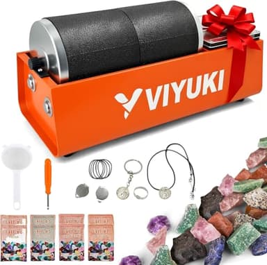 VIYUKI Professional Rock Tumbler Kit - Double Drum 6LB Rock Polisher(Double Barrel), Includes Rough Gemstones, 8 Polishing Grits, Jewelry, Learning Guide, Ideal Gift for Adults & Collectors