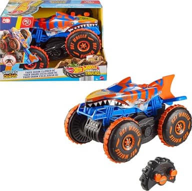 Hot Wheels Monster Trucks Remote Control Toy Vehicle, Large-Scale RC Tiger Shark Climber with 3 Modes of Play for Racing, Climbing & Stunting
