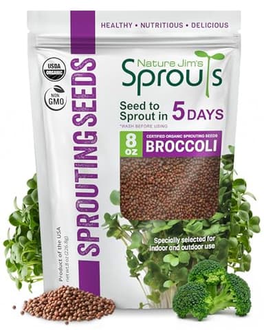 Nature Jims Sprouts Organic Broccoli Seeds for Sprouting – Certified Non-GMO, Rich in Sulforaphane, Swift-Growing Microgreen Seeds for Nutritious Broccoli Sprouts – Ideal for Indoor/Outdoor Use – 8oz