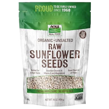 NOW Foods, Certified Organic Sunflower Seeds, Raw and Unsalted, Source of Fiber and Vitamin E, Hulled for Great Taste, Certified Non-GMO, 16-Ounce (Packaging May Vary)