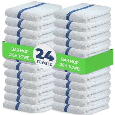 Towels N More 24 Pack 16x19 Bar Mop Towels High Absorbent Cotton Reusable Kitchen Towels - Quick Drying Towels for Chef, Cook, Home, Restaurant, Bar Glass Cleaning Towels (24, Blue Stripe)