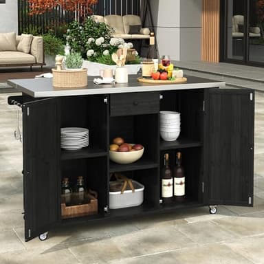 LUMISOL Outdoor Grill Table with Stainless Steel Top, Fir Wood Outdoor Kitchen Island with Ample Storage Space, Farmhouse Rolling Bar Cart with Spice & Towel Rack, and a Bottle Opener, Black