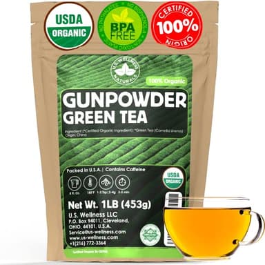 U.S. Wellness Naturals Organic Gunpowder Green Tea | Loose Leaf | Premium Quality | 100% Certified Organic Green Tea |16oz/453g | 200+ Cups
