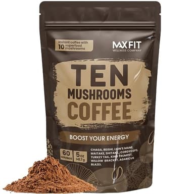 Mushroom Coffee (60 Servings) 10 Mushrooms (Lion’s Mane, Cordyceps, Turkey Tail & Other) Mixed With Gourmet Arabica Instant Immune Boosting Coffee for Focus & Gut Health Support