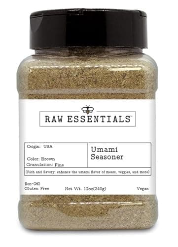 Raw Essentials Umami Seasoner Powder with Porcini Mushrooms and Garlic, Savory Spice Blend for Meats, Veggies and More, 12 Ounce Bottle