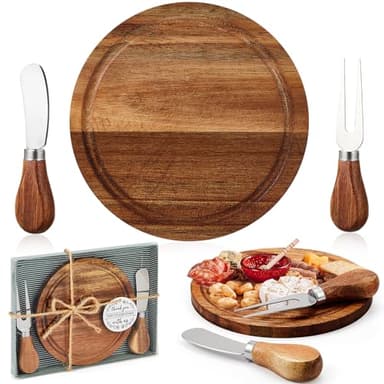 Maxcheck 1 Set Baby Shower Bridal Game Prizes for Winners Round Cheese Board Set Wood Mini Charcuterie Board with Knives and Forks Thank You Card with Gift Box for Guests Wedding (Acacia)