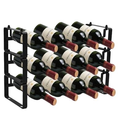 STAEVER Black Wine Rack for 12 Bottles – Stackable & Expandable Metal Wine Bottle Holder for Bar Counter, Cabinet, Pantry, or Small Spaces – Modern Freestanding Wine Storage Shelf (3 Tier, Black)