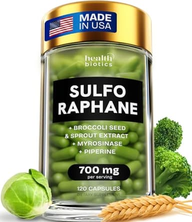 Healthbiotics Sulforaphane Supplement Organic Broccoli Sprouts | Stabilized Sulforaphane from Broccoli Florets & Seeds | Organic Sulfur Supplements 120 Pills | 1 Pack