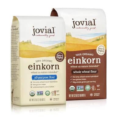 Jovial Organic Einkorn Whole Wheat & Unbleached All Purpose Flour - Bread Baking Flour for Sourdough, High Protein, Non-GMO, Organic Pizza & Pasta Flour, European Italian Flour - 32 Oz, 2 Pack
