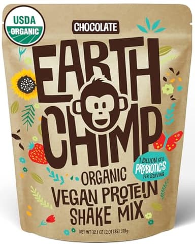 EarthChimp Organic Vegan Protein Powder - with Probiotics - Non GMO, Dairy Free, Non Whey, Plant Based Protein Powder for Women and Men, Gluten Free - 26 Servings 32 Oz (Chocolate)