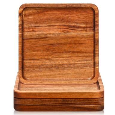 Roshtia 4 Pcs Wooden Plates Square Acacia Wood Charcuterie Board Wedding Dinner Serving Tray Charger Appetizer Kitchen Platter Cheese Steak Tableware Gift for Snack Dessert Salad Fruit (8 Inch)